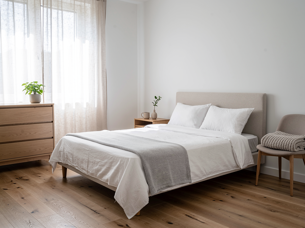 A made bed with crisp linen sheets and a folded throw, soft daylight through sheer curtains
