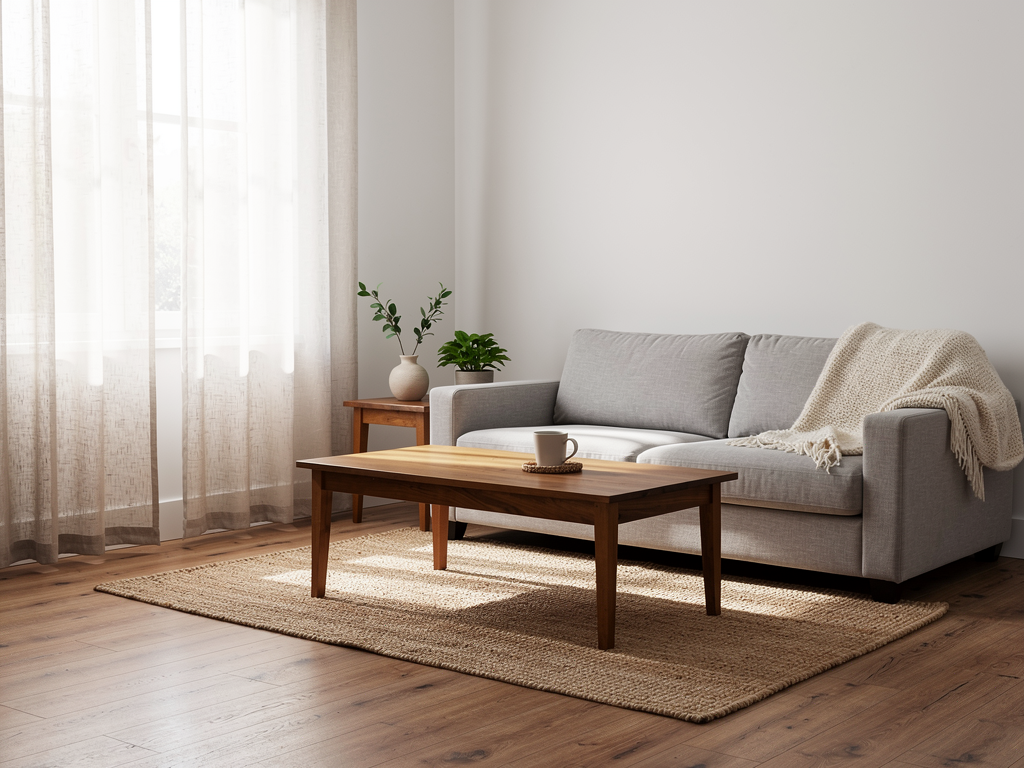 A tidy living room with a single mug on the coffee table and soft daylight